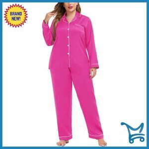Plus Size Satin Pajama Set Long Sleeve Button Down Sleepwear Loungewear